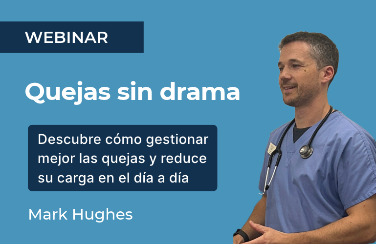 Cartel del webinar Quejas sin drama con Mark Hughes y un hombre con uniforme azul.